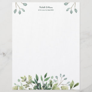 Membrete Foliage Green Leaves Watercolor Letterhead