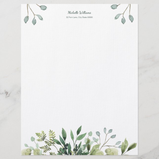 Membrete Foliage Green Leaves Watercolor Letterhead (Anverso)