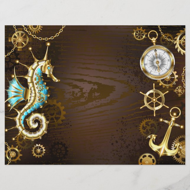 Membrete Fondo de madera con caballito de mar mecánico (Anverso)