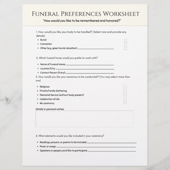 Membrete  Funeral Preferences Worksheet (Anverso)