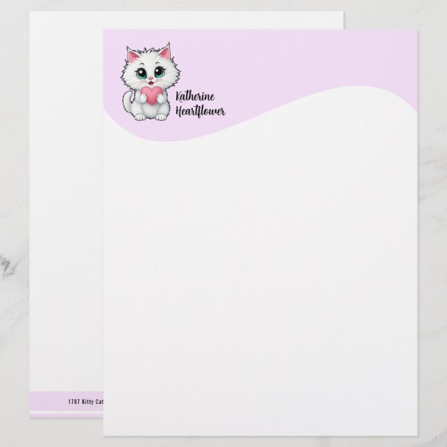 Membrete Gato Blanco Adorable Sosteniendo un Corazón 1 (Anverso / Reverso)