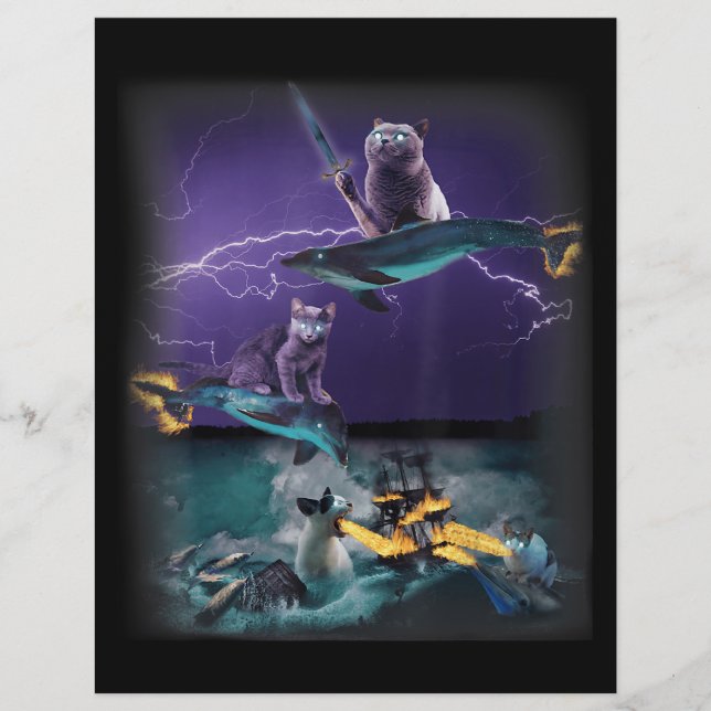 Membrete gatos montando delfines en llamas haciendo olas (Anverso)