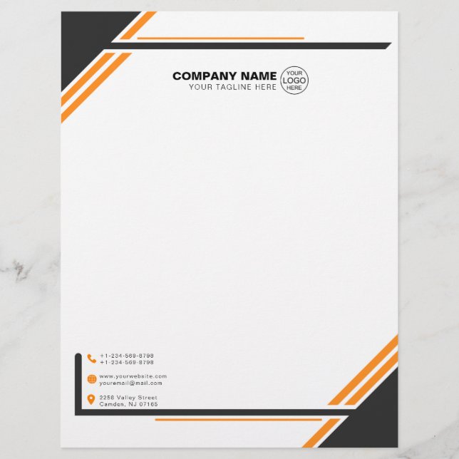 Membrete Geométrico moderno negro y Naranja (Anverso)