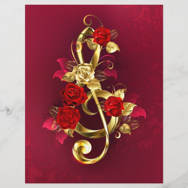 Membrete Golden Treble Clef con flores Rosas (Anverso)