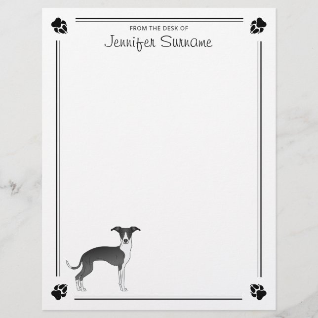 Membrete Greyhound Italiano Blanco Y Negro Con Paws Y Texto (Anverso)