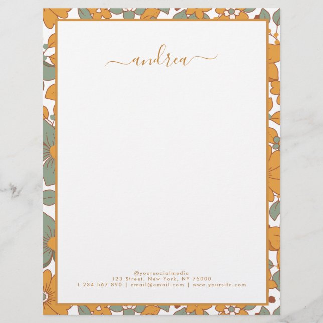 Membrete Groovy Retro Floral & Personalizado Nombre comerci (Anverso)