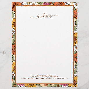 Membrete Groovy Retro Floral y Personalizado Nombre de guió