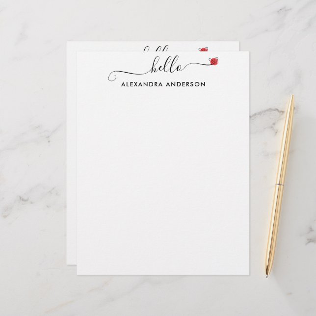 Membrete Guión moderno mínimo Hola Corazón Negro y Blanco (Anverso/Reverso In Situ)