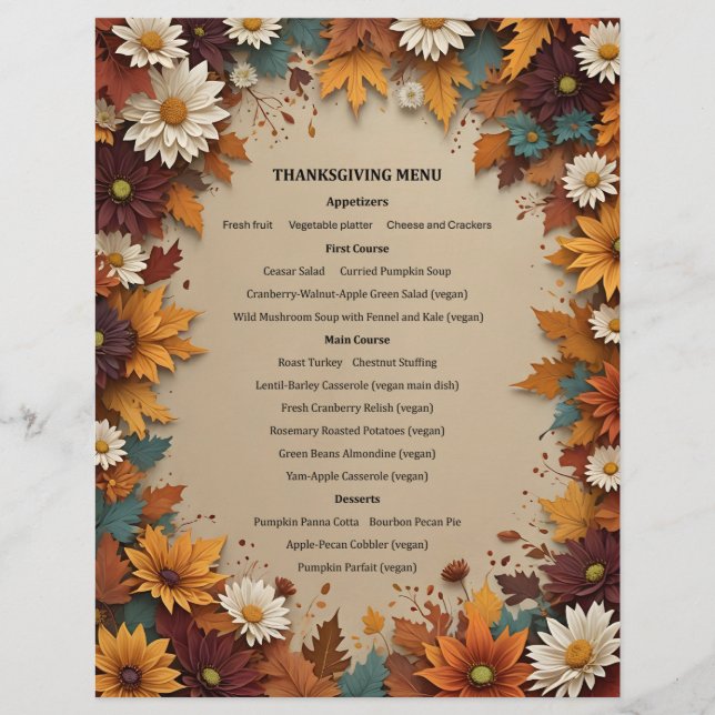 Membrete Hermosa invitación de menú de flores de otoño (Anverso)