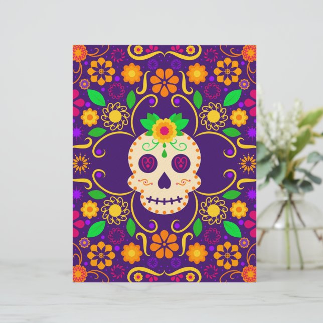 Membrete Hermoso cráneo con flores Día de los Muertos (Anverso de pie)