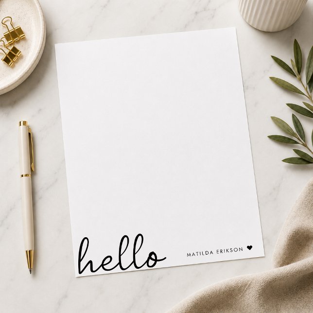 Membrete Hola mínima | Moderno Corazón Limpio Blanco Simple (Personalized hello letterhead with custom name detail for notes and thank you letters.)