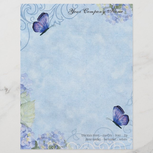 Membrete Hydrangeas azules, mariposa y floral moderno del (Anverso)