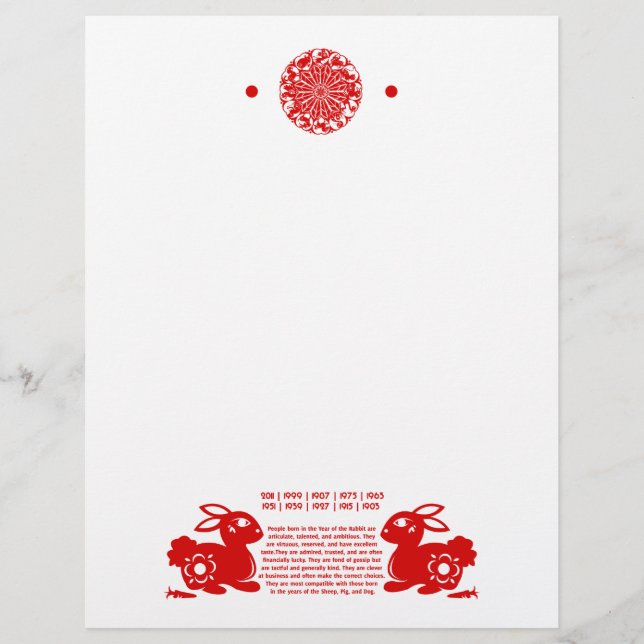 MEMBRETE   ILUSTRACION CHINO DEL CONEJO PAPERCUT DEL ZODIACO (Anverso)