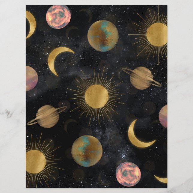 Membrete Ilustracion Espacial de Planetas Dorados Sun Moon (Anverso)