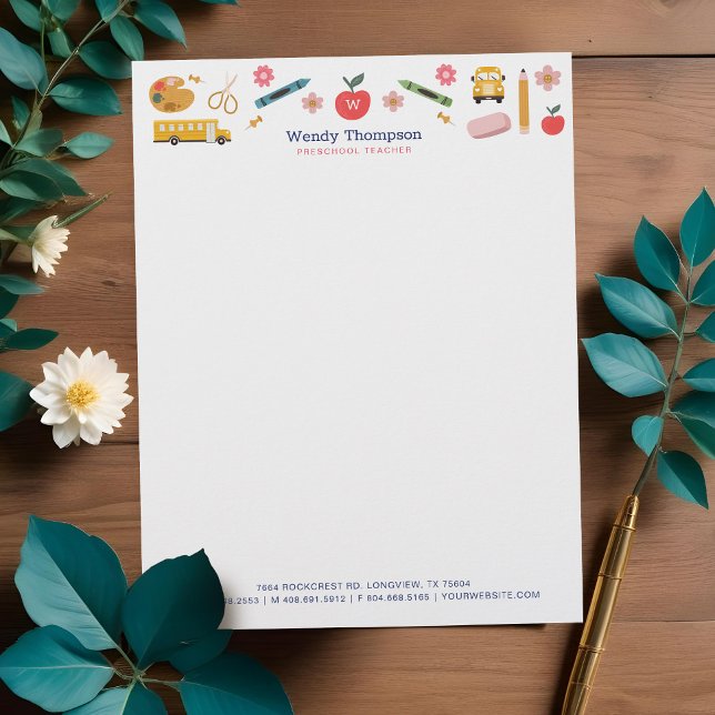 Membrete Ilustraciones de ícono de material docente y docen (Teacher & Tutor School Supplies Icon Illustrations Letterhead)