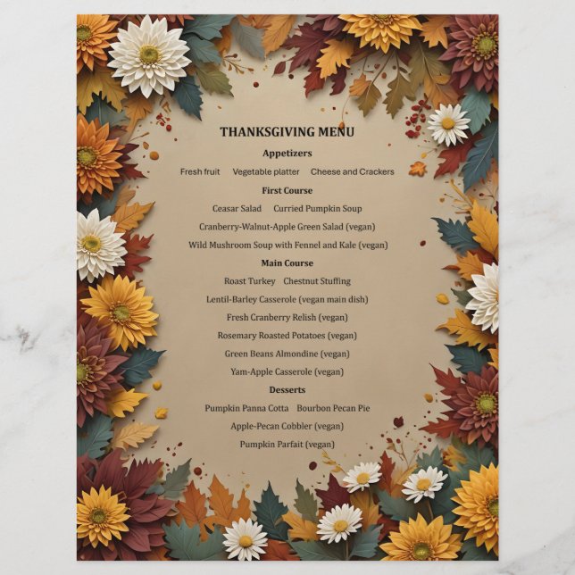 Membrete Invitación al menú de flores de otoño (Anverso)