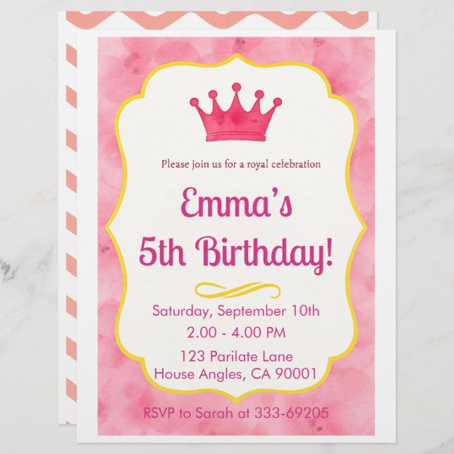 Membrete Invitación de cumpleaños de la corona rosa | zazzl (Anverso / Reverso)