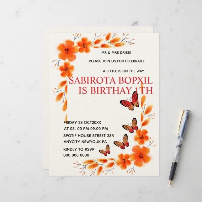 Membrete Invitación de fiesta de baby shower de mariposa ro (Anverso/Reverso In Situ)