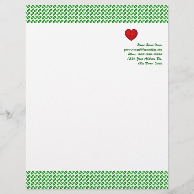 Membrete Irlandés Love Shamrock con corazón rojo Letterhead (Anverso)
