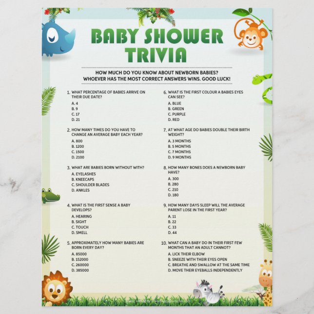 Membrete Juego Baby Shower Trivia Baby Shower [tema animal] (Anverso)