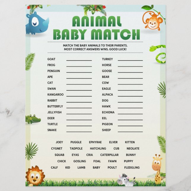 Membrete Juego de Baby Shower Animal Baby Match [Tema Anima (Anverso)
