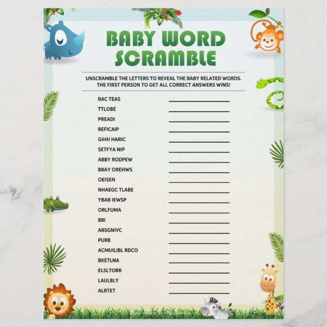 Membrete Juego de Baby Shower "Baby Word Scramble" [Animal  (Anverso)