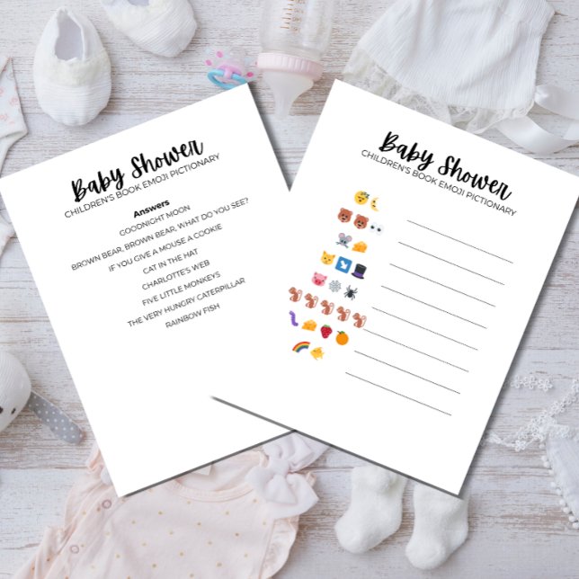 Membrete Juego de Emoji para Baby Shower (Guess the Children’s Book Emoji Game and answer sheet preview)