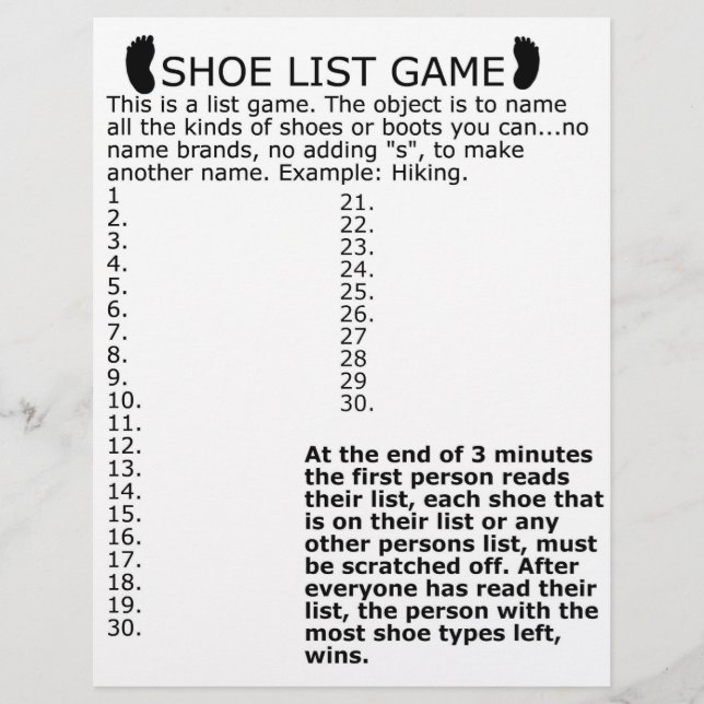 MEMBRETE   JUEGO DE LISTA DE ZAPATOS (Anverso)