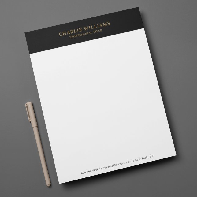 Membrete Letrero Personalizado profesional elegante de oro  (Black Gold Elegant Professional Custom Letterhead
)