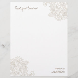 Membrete Linen Beige Ilustración Bohemia Paisley Henna