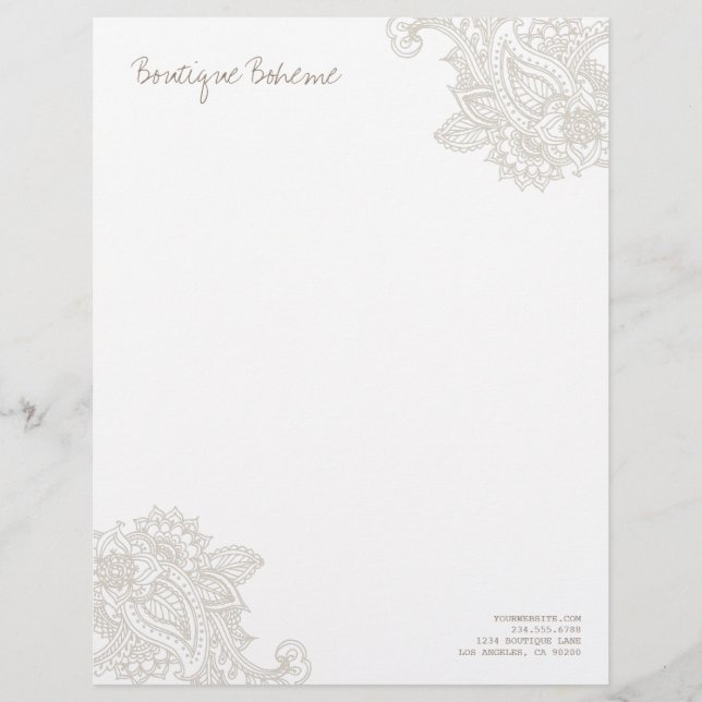 Membrete Linen Beige Ilustración Bohemia Paisley Henna (Anverso)