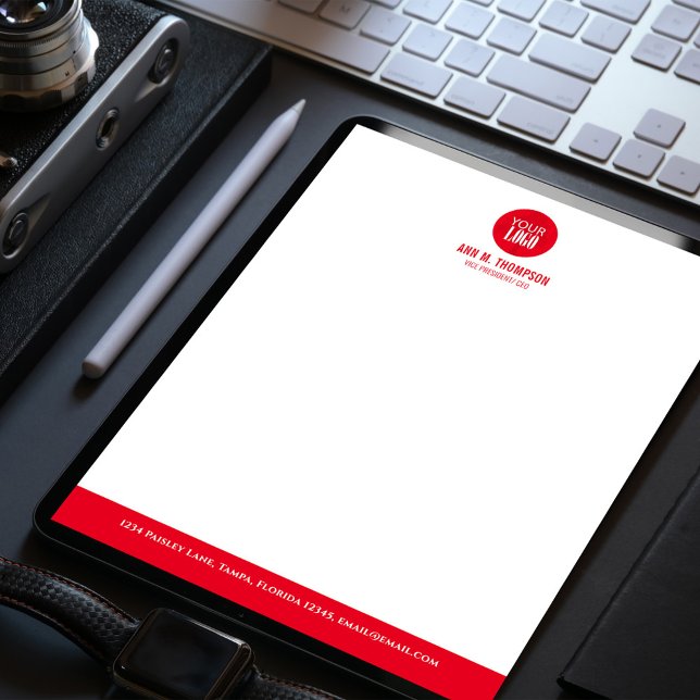 Membrete Logotipo de negocio Sencillo rojo y blanco (Red and white business stationery letterhead. )