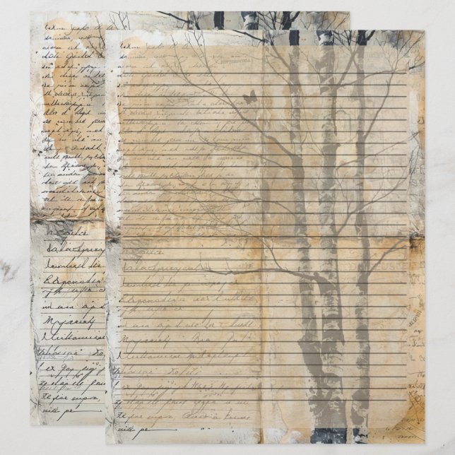 Membrete Manuscrito antiguo del árbol de aves (Anverso / Reverso)