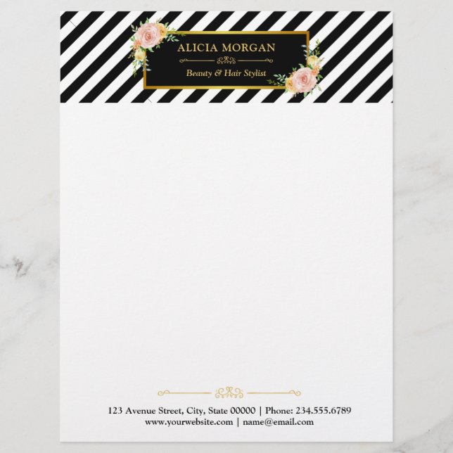 Membrete Marco floral del oro de las rayas blancos y negros (Anverso)