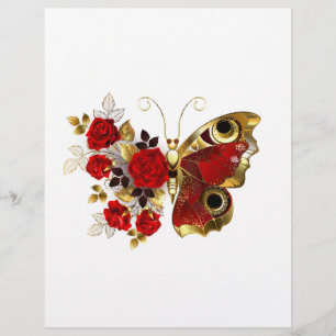 Membrete Mariposa de flor roja con rosas rojas