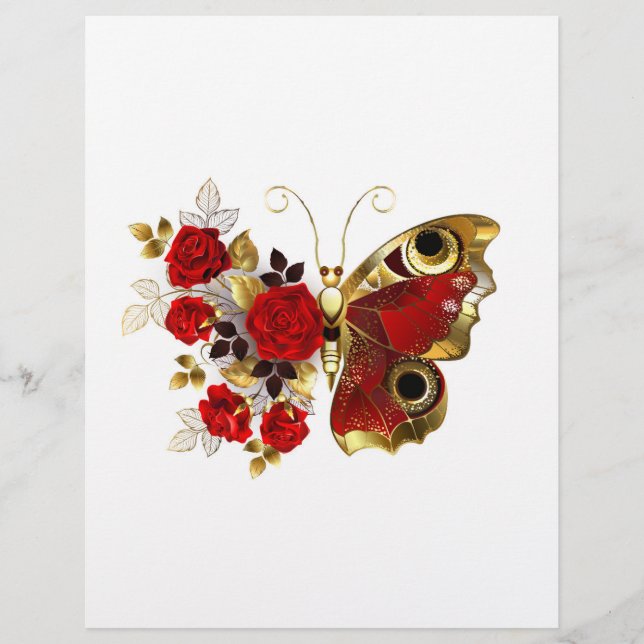 Membrete Mariposa de flor roja con rosas rojas (Anverso)