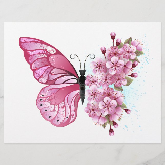 Membrete Mariposa de flores con Sakura rosa (Anverso)