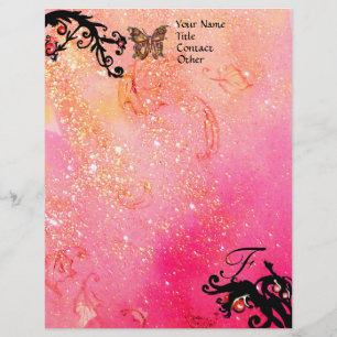 Membrete MARIPOSA EN SPARKLES, Monograma negro de fucsia ro