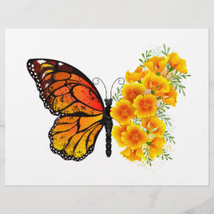 Membrete Mariposa Flor con Amapola de California Amarilla