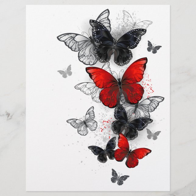 Membrete Mariposas Morpho voladoras negras y rojas (Anverso)