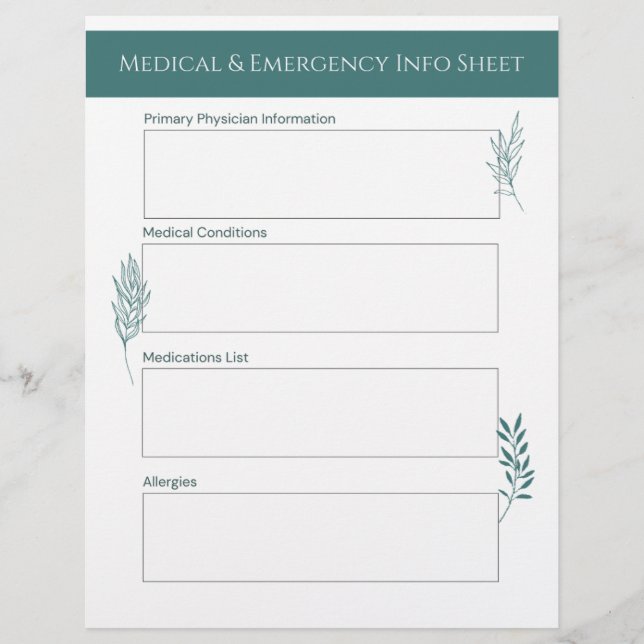 Membrete Medical & Emergency Info Sheet (Anverso)