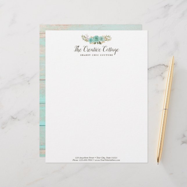 Membrete Moda de cabaña Shabby Madera Rusa Floral Turquesa (Anverso/Reverso In Situ)