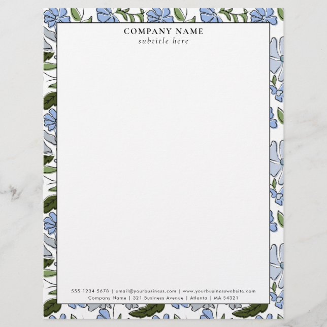 Membrete Modern Blue Floral Pattern Company Name Details (Anverso)