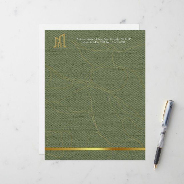 Membrete Modern Gold House Real Estate Olive Green Realtor (Anverso/Reverso In Situ)