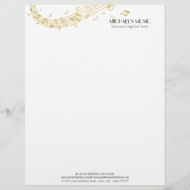 Membrete Modern Musical Business Branding Gold Music Notes (Anverso)