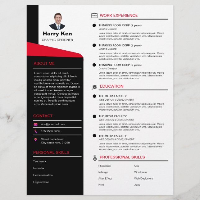 Membrete Modern Resume Template Personalizable Photo RED CV (Anverso)