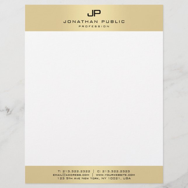 Membrete Moderno Simple Elegante Monograma Oro Y Blanco (Anverso)