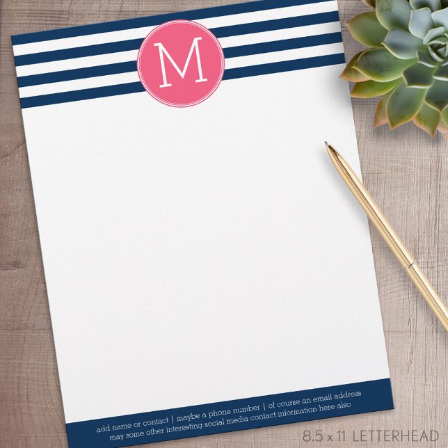 Membrete Monograma blanco rosado caliente de patrón de fran (Personalized Letterhead )