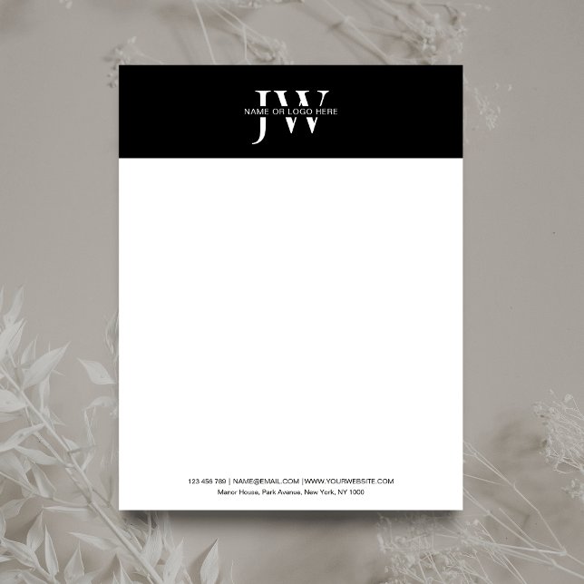 Membrete Monograma de Iniciales minimalistas Empresa blanca (Striking black and white business letterhead with space for you initials and business details)