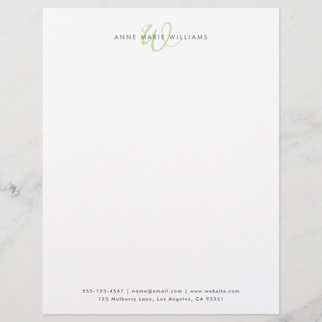 Membrete Monograma de letra script verde claro moderno (Anverso)